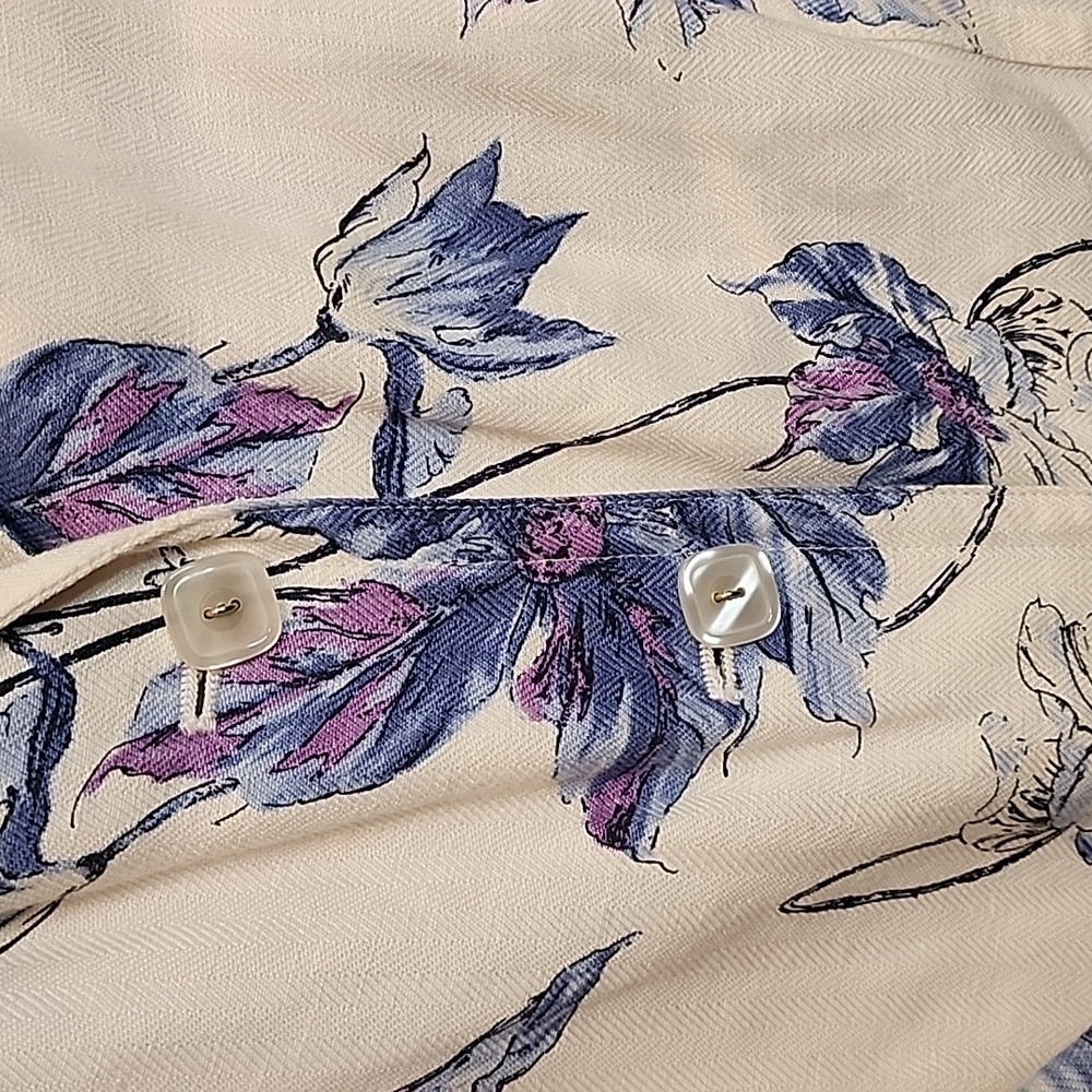 EMMA JAMES Linen Rayon Jacket Blue Purple Floral Design Darts, Pearlized Buttons - Picture 5 of 7